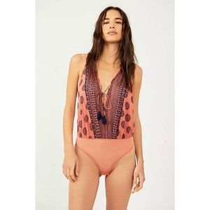Free People Intimately Soul Of The Sun Bodysuit M XL Brick Red Tassels Boho Chic